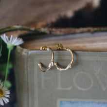 Gold hoop earrings on a book with flowers and leaves in the background