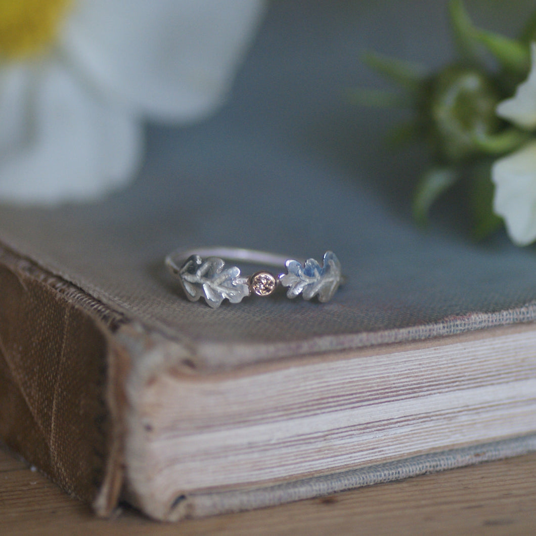 Oak Leaf Diamond Silver and Gold Ring