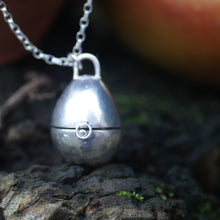 Silver pendant on a chain against a natural background with an apple and tree bark.
