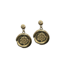 Gold compass drop earrings on white background