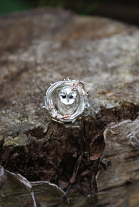 Silver and Gold Nesting Barn Owl Necklace with Black Diamonds
