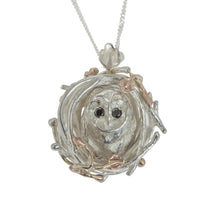 Silver and Gold Nesting Barn Owl Necklace with Black Diamonds