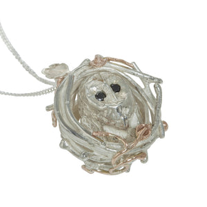 Silver and Gold Nesting Barn Owl Necklace with Black Diamonds