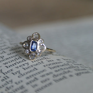 Sapphire and Rose Cut Diamond Cluster Ring