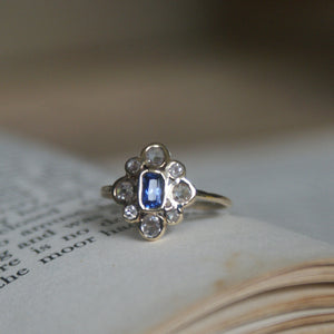 Sapphire and Rose Cut Diamond Cluster Ring